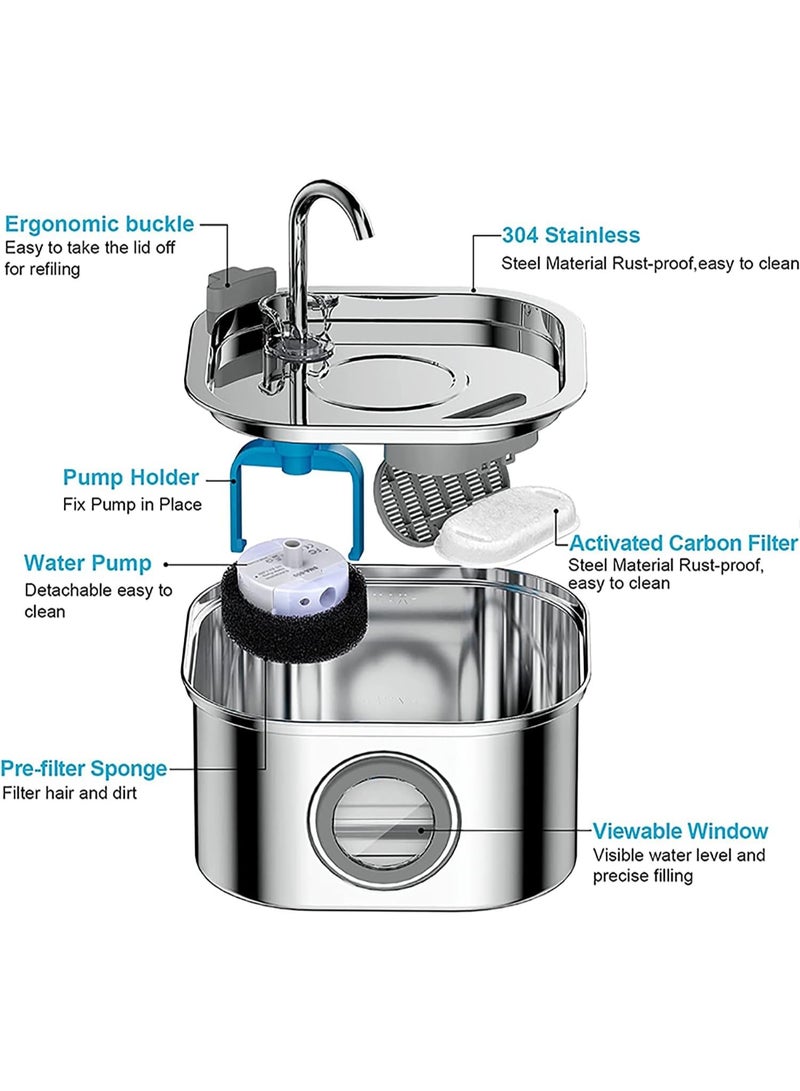 Beauenty Stainless Steel Cat Water Fountain 3.2L, Ultra-Quiet Pet Water Dispenser with Pump, Activated Carbon Filter and View Window for Cats and Small Dogs - Image 2