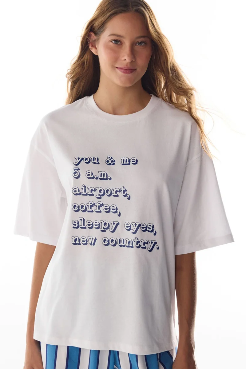 بنتي PENTI Vacation Slogan Printed Short Sleeve T-Shirt Pajama Top