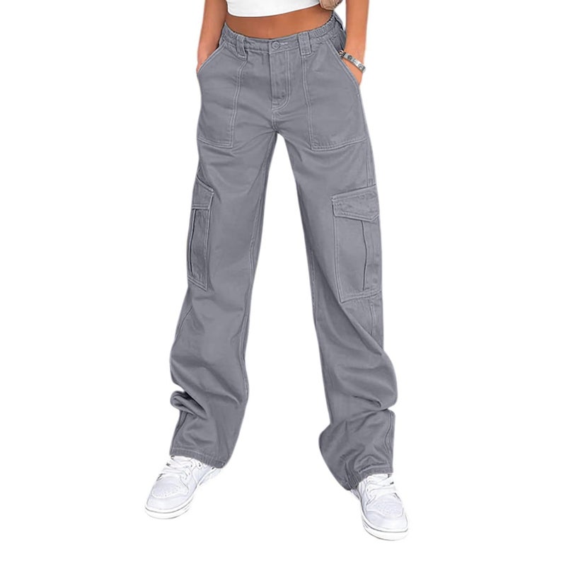 Lepunuo High Waist Stretch Cargo Pants Women Baggy Straight Wide Leg Y2K Pants Blue Grey - Image 1