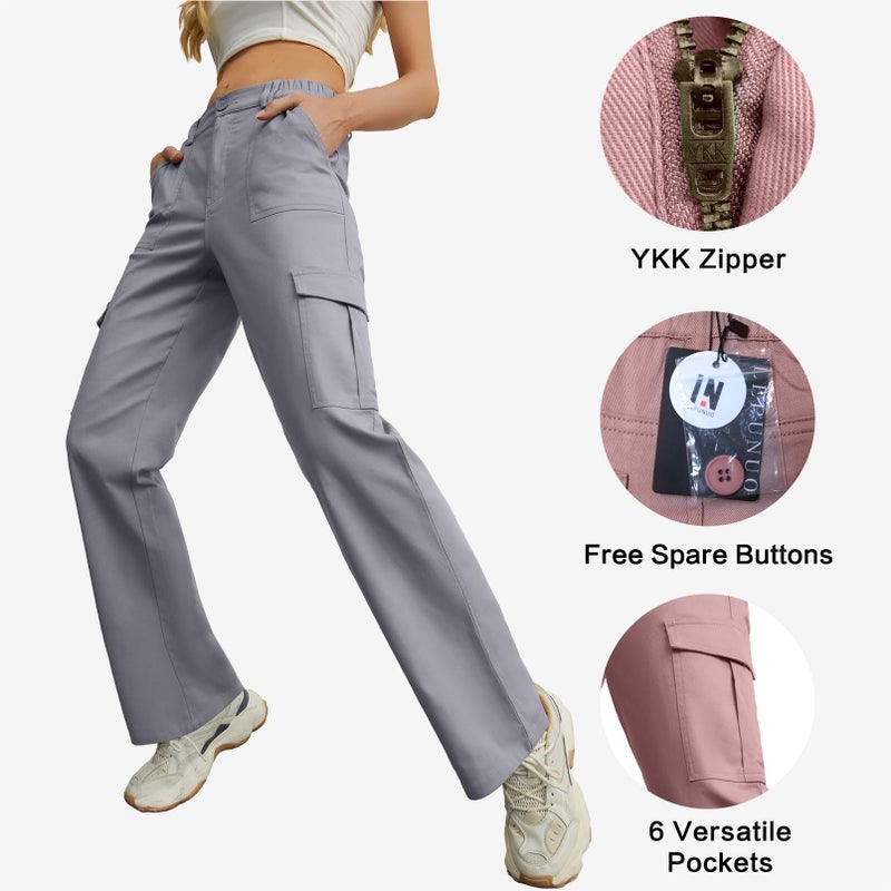 Lepunuo High Waist Stretch Cargo Pants Women Baggy Straight Wide Leg Y2K Pants Blue Grey - Image 4