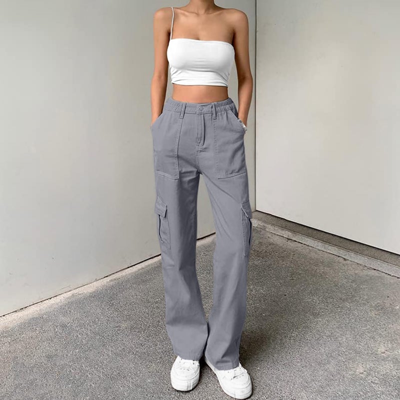 Lepunuo High Waist Stretch Cargo Pants Women Baggy Straight Wide Leg Y2K Pants Blue Grey - Image 2