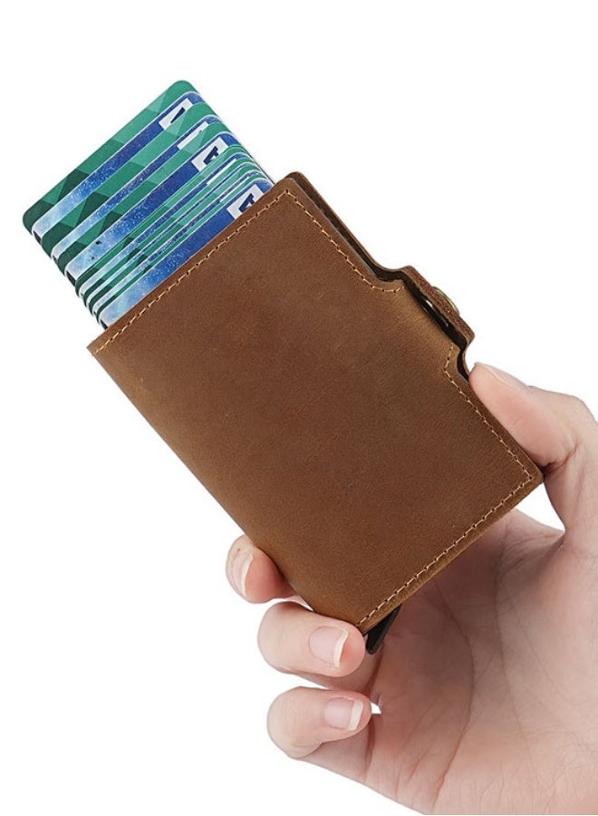 PLUSOX Credit Card Holder, Radio Id Blocking Pop-Up Card Holder, Commercial Holder Wallet Leather With Coin Pocket For Storing Banknotes, Coins, And Debit Cards, Brown - Image 2