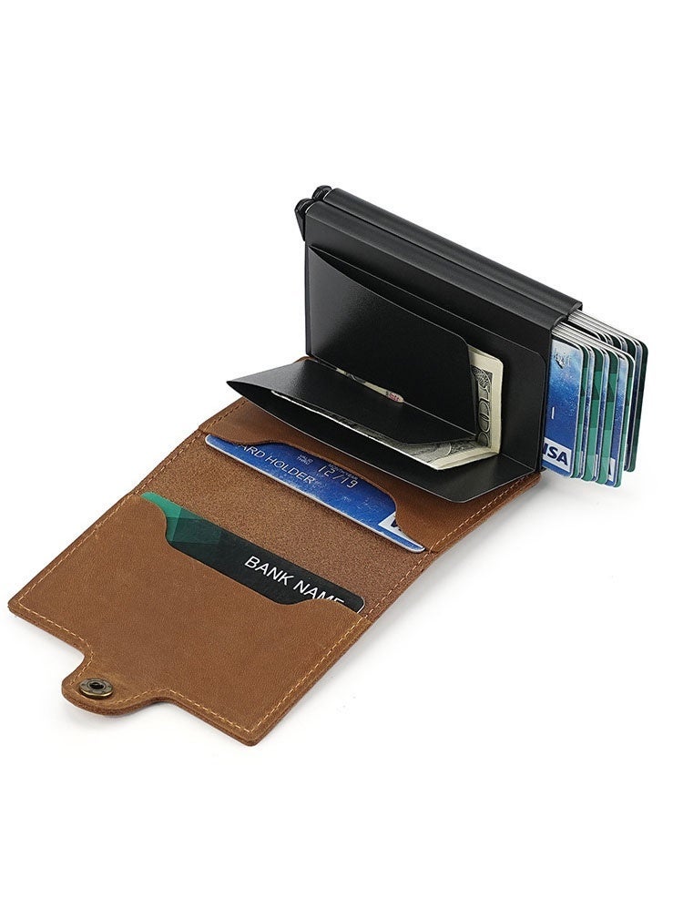 PLUSOX Credit Card Holder, Radio Id Blocking Pop-Up Card Holder, Commercial Holder Wallet Leather With Coin Pocket For Storing Banknotes, Coins, And Debit Cards, Brown - Image 1