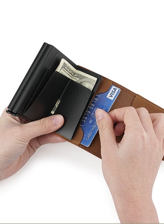 PLUSOX Credit Card Holder, Radio Id Blocking Pop-Up Card Holder, Commercial Holder Wallet Leather With Coin Pocket For Storing Banknotes, Coins, And Debit Cards, Brown - Image 3