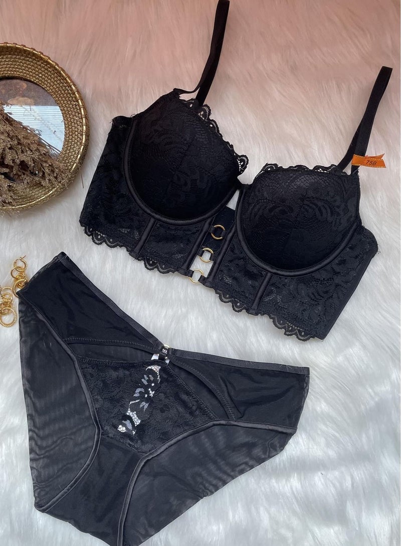 Loquat Breathable And Beautiful Lace Bra Panty Set Black 