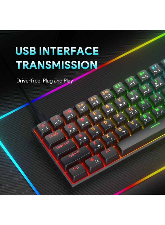 UCHUANG 68-Key English Arabic Mechanical Keyboard, Red Switch Hybrid Light Compact Mini Wired Keyboard for PC, Mac E-sports Portable Gaming Keyboard - Black - Image 4