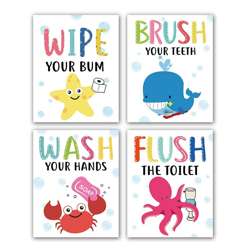 Cartoon Sea Life Themed Bathroom Inspirational Quotes Art Print Humorous Quotes Painting, Toilet Rules Art Picture for Children Washroom Bathroom Decor, Set of 4 (8”X10”), No Frame, Colorful