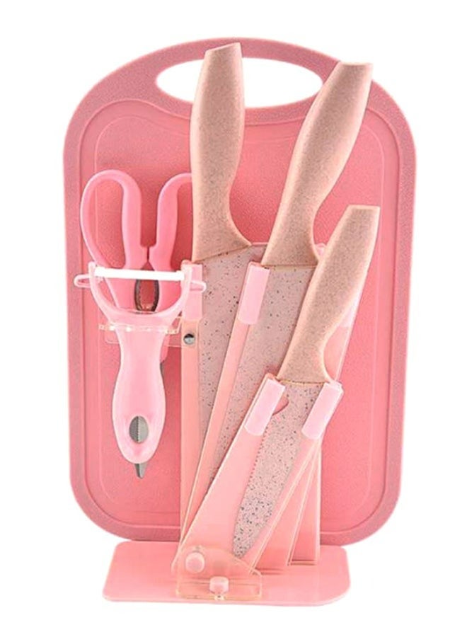 RollsTimi  7-Piece Wheat Straw Kitchen Knife With Cutting Board Set Pink 21.5x32x32cm - Image 1