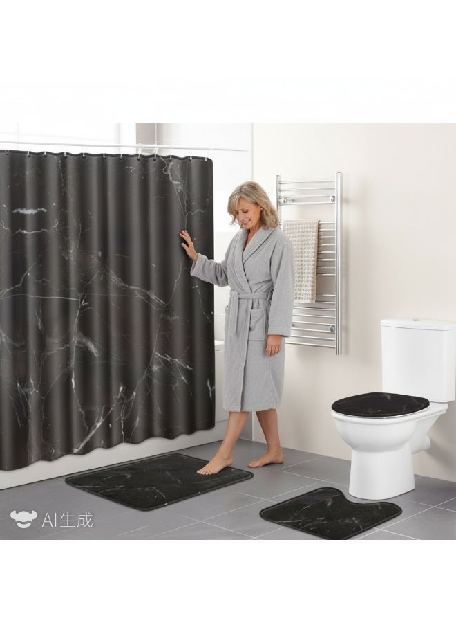 الأزرق جي دبليو 4 قطع ستارة دش مقاومة للماء وغطاء غطاء المرحاض غطاء المرحاض سجادة حمام مانعة للانزلاق إكسسوارات ديكور الحمام - Image 2