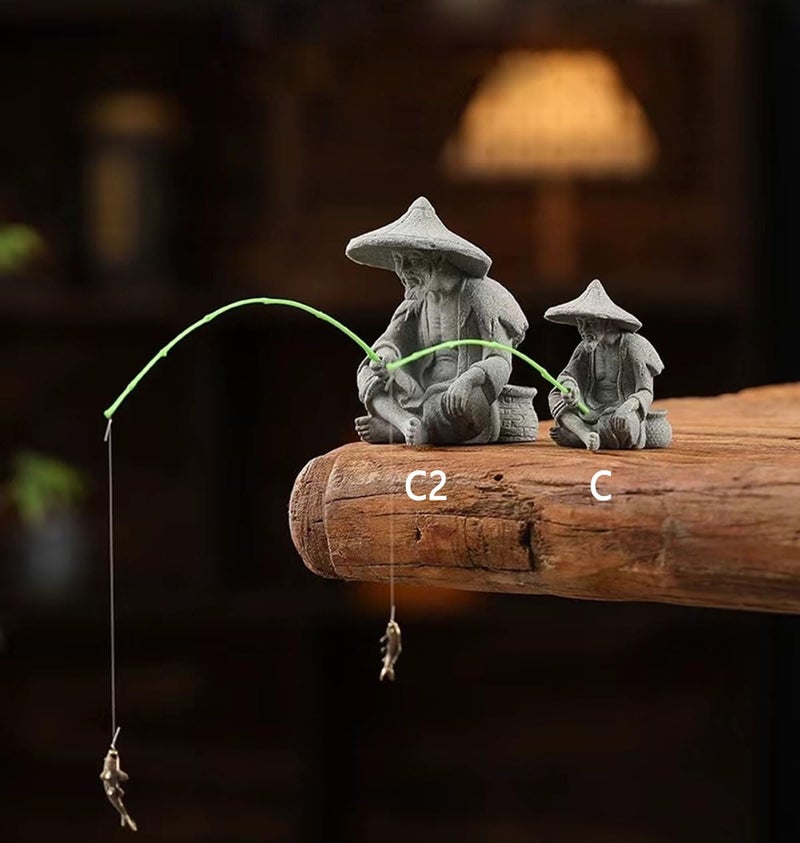livelyfish Mini Fisherman Statue Asian Zen Decoration Sitting Fishing Figurines Sandstone Vintage Ornament for Aquarium Fish Tank Pot Garden Home Japanese Decor (C2) - Image 3