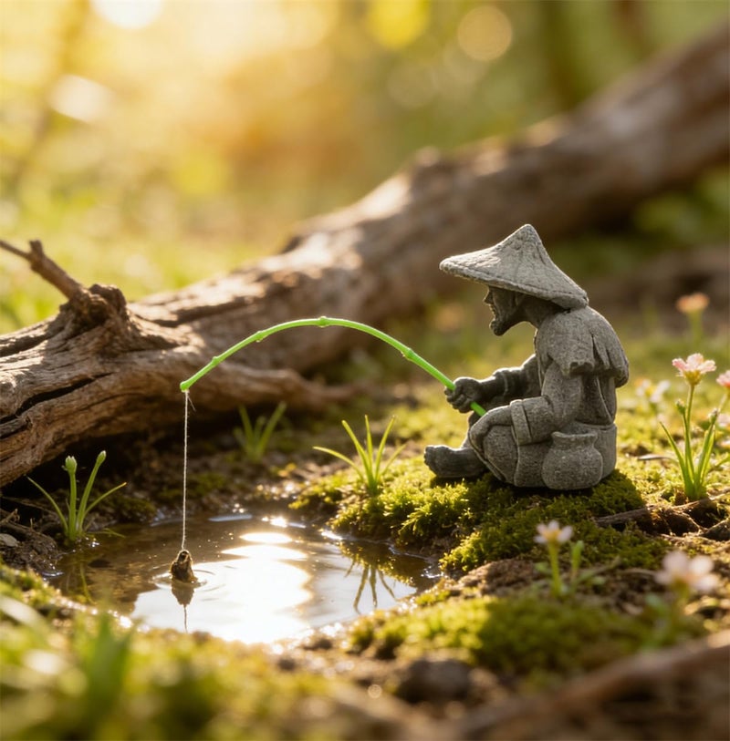 livelyfish Mini Fisherman Statue Asian Zen Decoration Sitting Fishing Figurines Sandstone Vintage Ornament for Aquarium Fish Tank Pot Garden Home Japanese Decor (C2) - Image 4