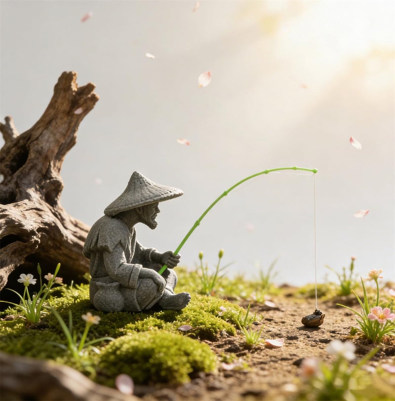livelyfish Mini Fisherman Statue Asian Zen Decoration Sitting Fishing Figurines Sandstone Vintage Ornament for Aquarium Fish Tank Pot Garden Home Japanese Decor (C2) - Image 5