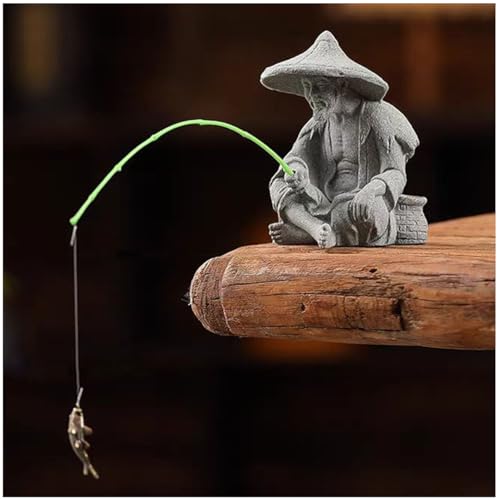 livelyfish Mini Fisherman Statue Asian Zen Decoration Sitting Fishing Figurines Sandstone Vintage Ornament for Aquarium Fish Tank Pot Garden Home Japanese Decor (C2) - Image 1