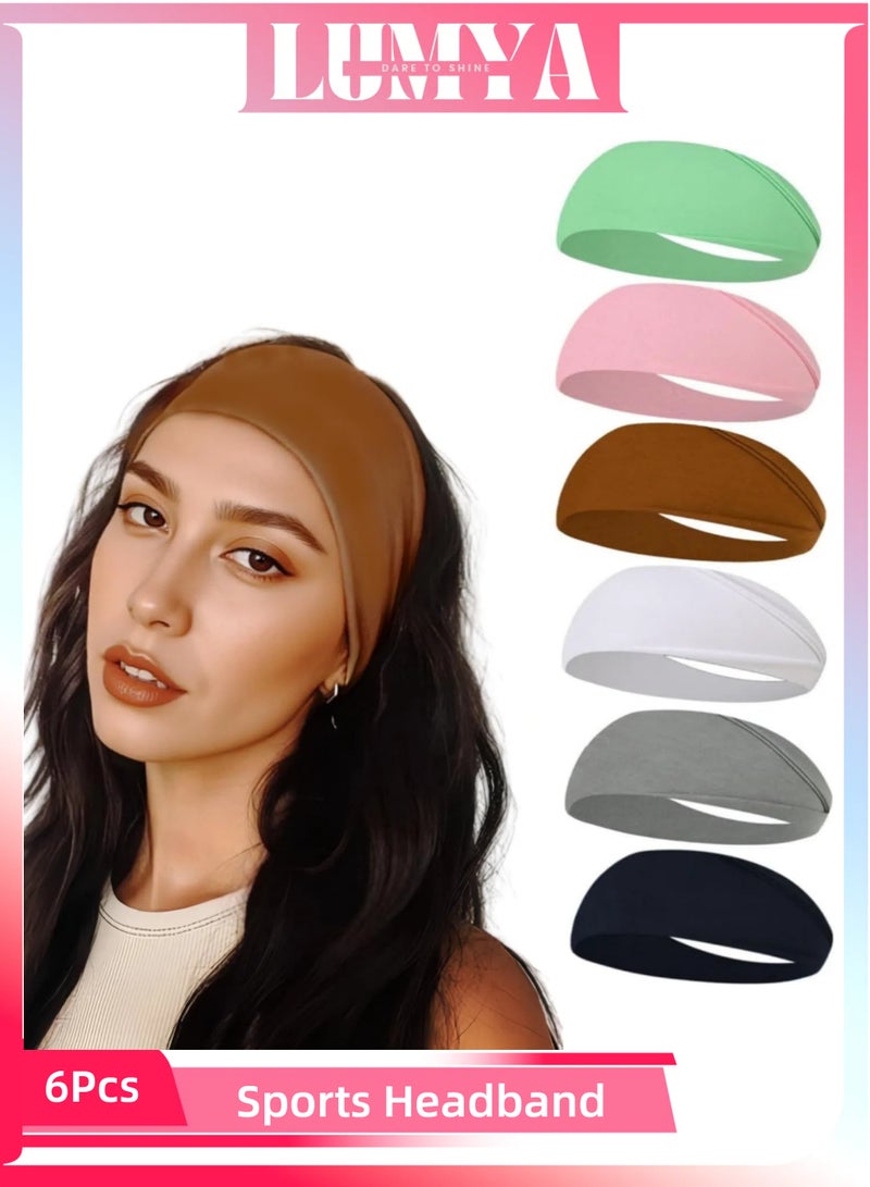 LUMYA 6Pcs Sports Headbands for Women Workout, Mixed Color Elastic Sweatbands, Non Slip Wide Yoga Hair Bands for Running, Gym,  Football and Daily Use - Image 1