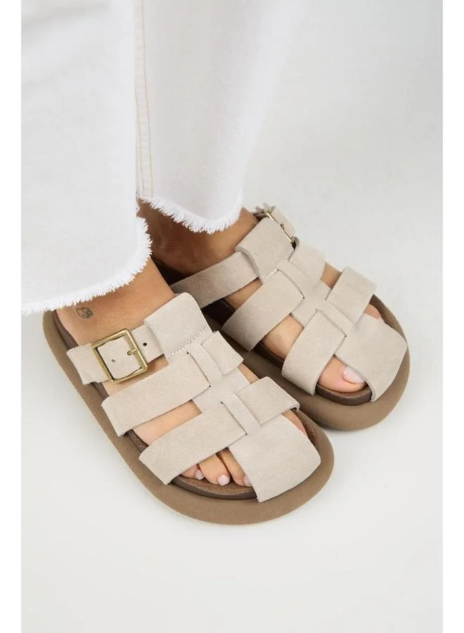 Manijero  Brancova Women's Genuine Leather Buckle Strap Sabo Beige Slippers. for Women | Best Price UAE