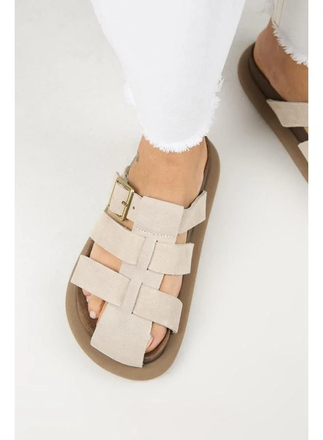 Brancova Women's Genuine Leather Buckle Strap Sabo Beige Slippers.