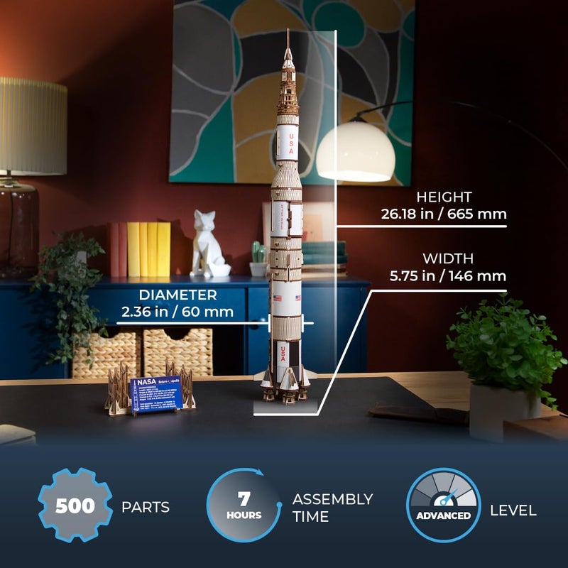 UGEARS مجموعة نموذج صاروخ UGEARS NASA Saturn V - نماذج سفن الفضاء للبالغين - ألغاز بناء مكوك الفضاء الخشبي ثلاثي الأبعاد - لغز خشبي ثلاثي الأبعاد لصاروخ الفضاء - Image 3