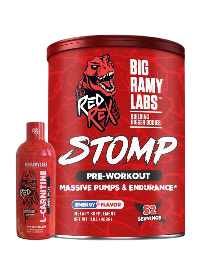 مختبرات رامي الكبرى باقة REDREX – إل-كارنيتين سائل 3500 مجم – نكهة البطيخ – 480 مل – 32 حصة & REDREX – ستومب مكمل ما قبل التمرين – نكهة الطاقة – 468 جم – 52 حصة - Image 1