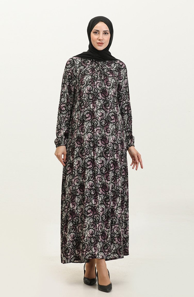 Sefa Merve Plus Size Patterned Viscose Dress 44851L-01 Black Purple  - Image 1