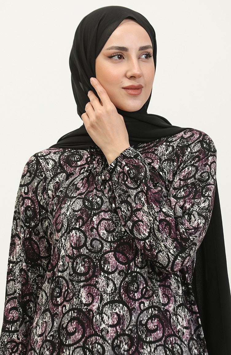 Sefa Merve Plus Size Patterned Viscose Dress 44851L-01 Black Purple  - Image 3