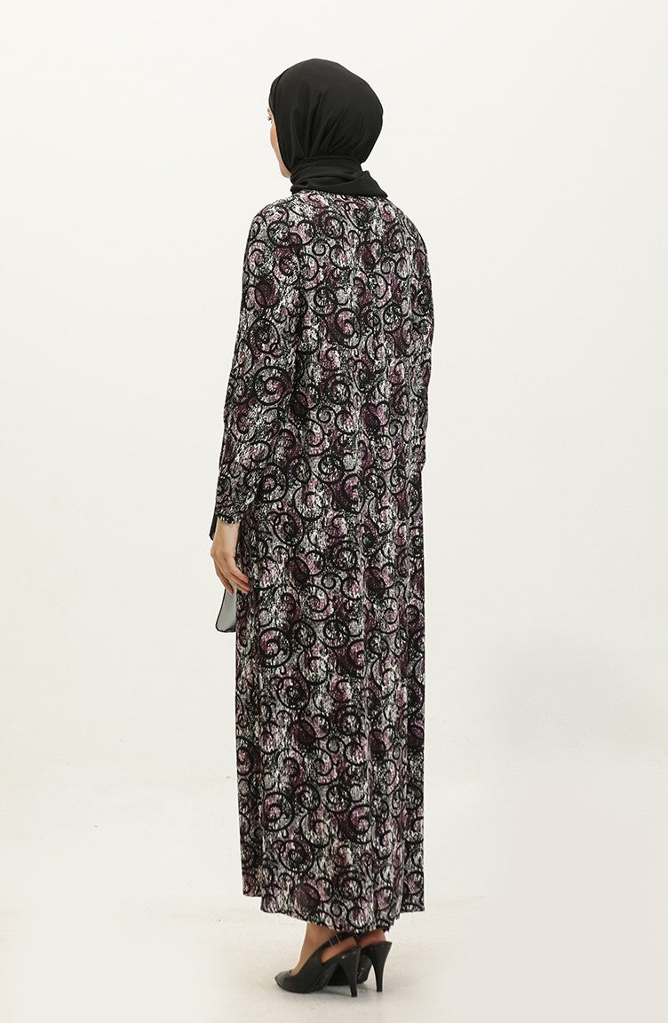 Sefa Merve Plus Size Patterned Viscose Dress 44851L-01 Black Purple  - Image 5