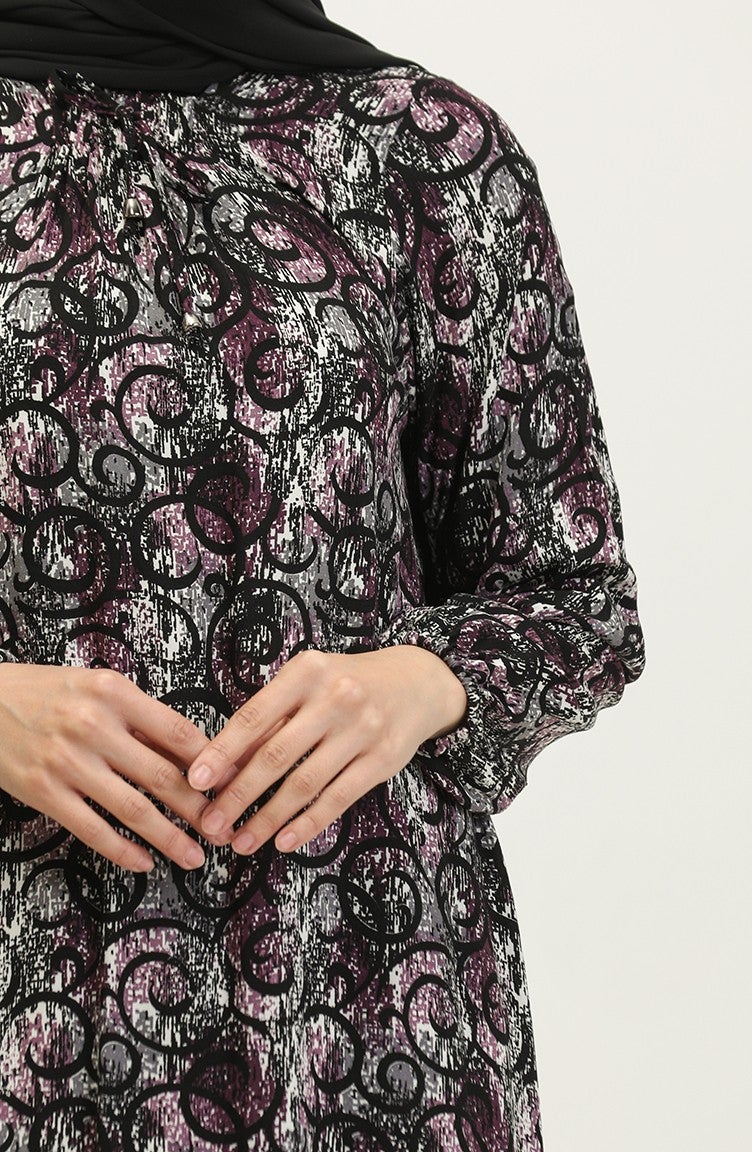 Sefa Merve Plus Size Patterned Viscose Dress 44851L-01 Black Purple  - Image 4