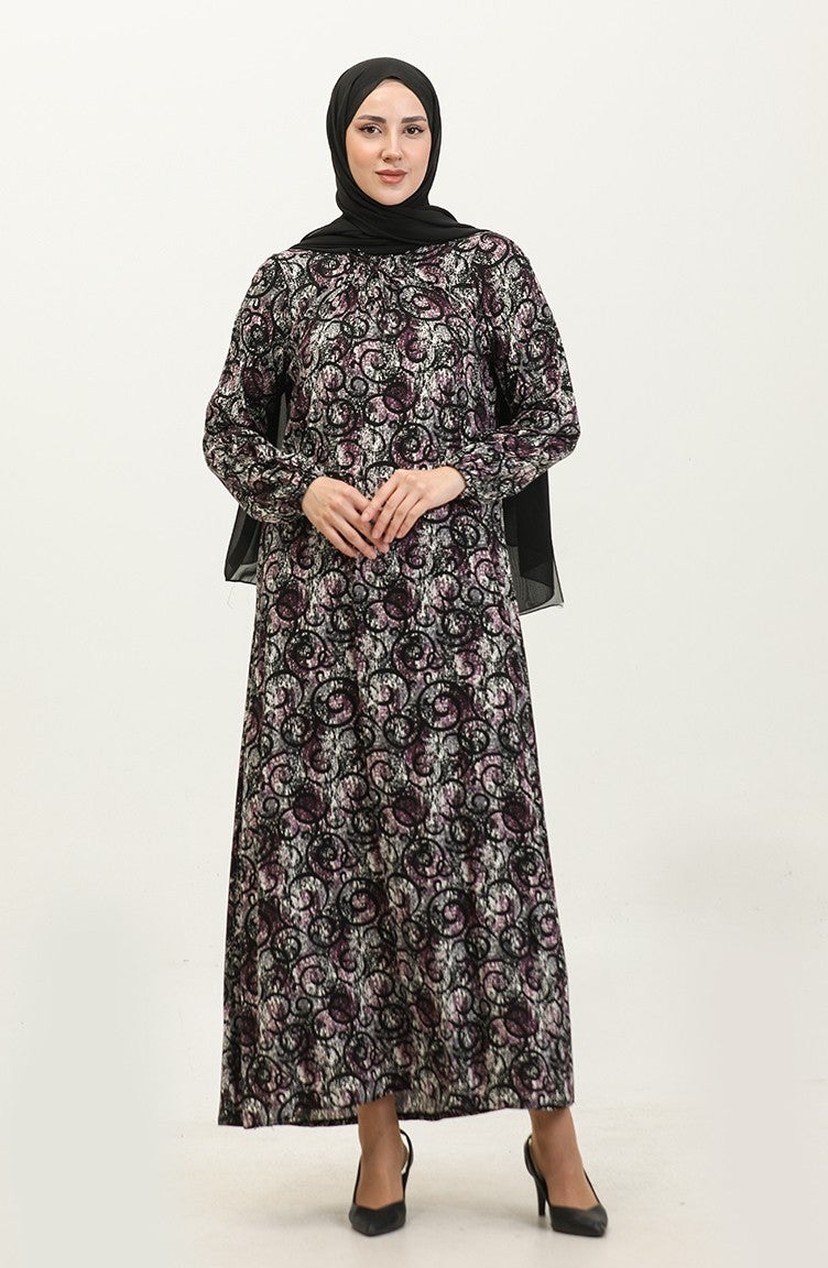 Sefa Merve Plus Size Patterned Viscose Dress 44851L-01 Black Purple  - Image 2