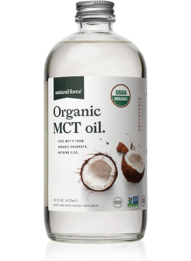 Natural Force زيت MCT عضوي – زجاجة نقية – مصنوع من 100% زيت جوز الهند البكر المضغوط على البارد + معتمد كيتو، باليو، كوشير، نباتي وغير معدل وراثيًا – مختبر لاختبار الجودة والنقاء - 16 أونصة - Image 1