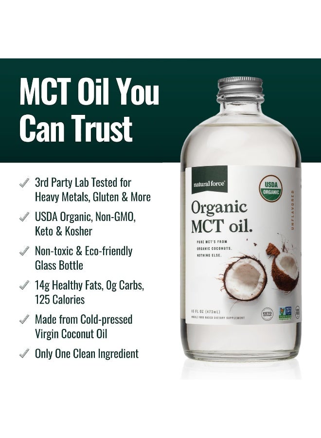 Natural Force زيت MCT عضوي – زجاجة نقية – مصنوع من 100% زيت جوز الهند البكر المضغوط على البارد + معتمد كيتو، باليو، كوشير، نباتي وغير معدل وراثيًا – مختبر لاختبار الجودة والنقاء - 16 أونصة - Image 2