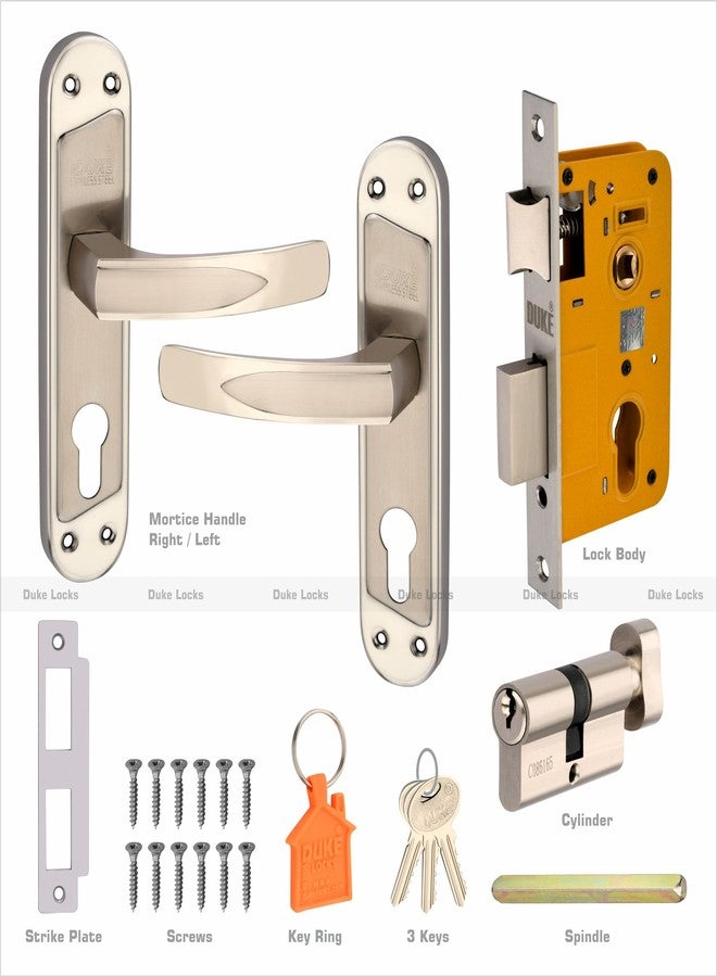 DUKElocks طقم قفل باب ديوك مورتيس 1001 SS CY للأبواب الرئيسية والمطابخ وغرف النوم والمكاتب والفنادق، جسم القفل من النحاس مع أسطوانة من النحاس، لون الفولاذ المقاوم للصدأ، 190 مم (8 بوصة). - Image 3