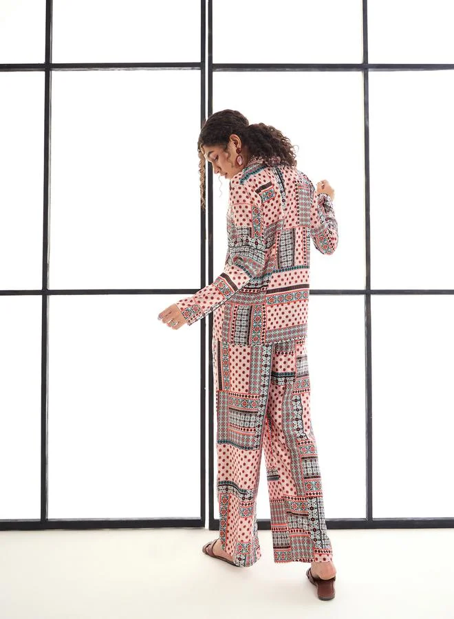 ساسافراس Geometric Print Shirt & Straight Leg Pants Co-Ords by Styli