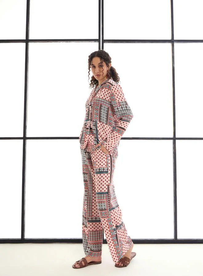ساسافراس Geometric Print Shirt & Straight Leg Pants Co-Ords by Styli