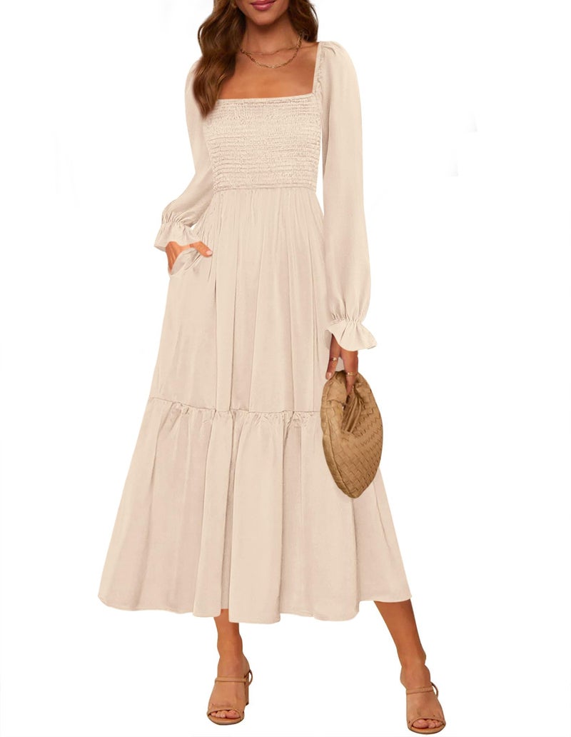 MASCOMODA Womens 2026 Spring Long Sleeve Casual Midi Dress Smocked Square Neck High Waist Flowy A Line Wedding Guest Dresses(Apricot,Large) - Image 1
