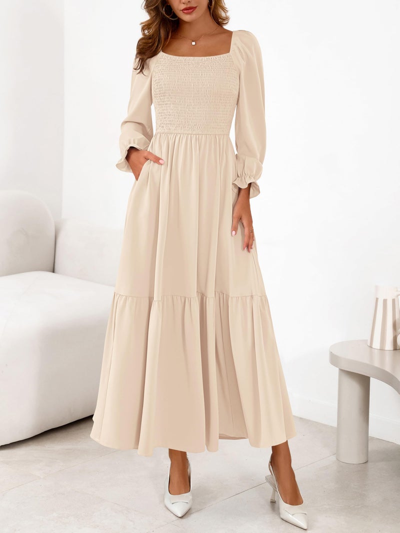 MASCOMODA Womens 2026 Spring Long Sleeve Casual Midi Dress Smocked Square Neck High Waist Flowy A Line Wedding Guest Dresses(Apricot,Large) - Image 2