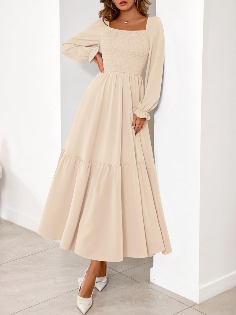 MASCOMODA Womens 2026 Spring Long Sleeve Casual Midi Dress Smocked Square Neck High Waist Flowy A Line Wedding Guest Dresses(Apricot,Large) - Image 4