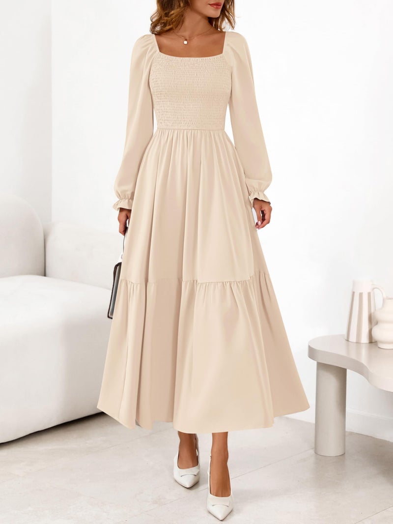MASCOMODA Womens 2026 Spring Long Sleeve Casual Midi Dress Smocked Square Neck High Waist Flowy A Line Wedding Guest Dresses(Apricot,Large) - Image 3