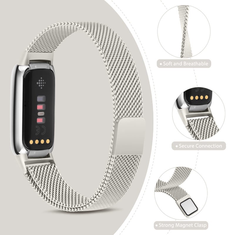 Vanjua Metal Band for Fitbit Luxe Bands Women Men, Stainless Steel Mesh Loop Adjustable Magnetic Wristband Replacement Strap Compatible with Fitbit Luxe Fitness and Wellness Tracker (Starlight) - Image 3