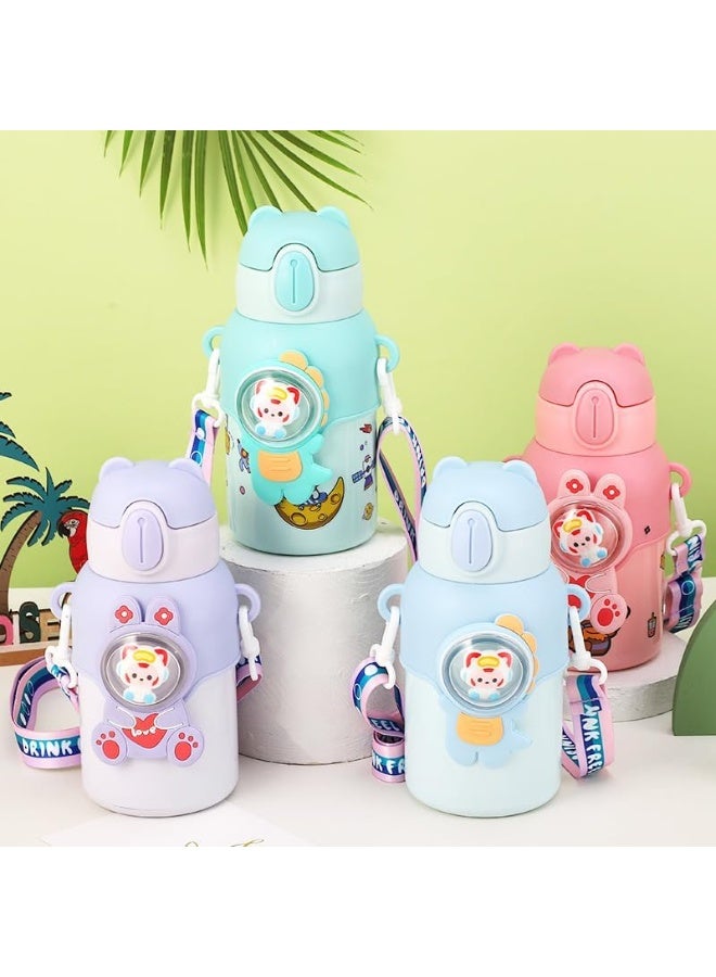 زجاجة ماء حافظة للحرارة للأطفال بتصميم جذاب سعة 450~500 ML ، مع حزام كتف ، من الفولاذ المقاوم للصدأ لطيف للأولاد والبنات ، حافظة للمشروبات الساخنة والباردة للأطفال في المدارس ( متعددة الألوان ) - Image 2