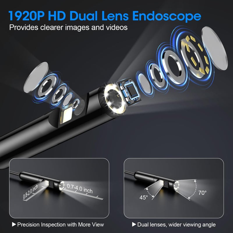 PAPIBLU Endoscope with Light, 1920P HD Borescope with 8 Adjustable LED Lights, 16.4FT Semi-Rigid Snake Camera, IP67 Waterproof Inspection Tool for iPhone & Android - Dual Lens (Black) - Image 2