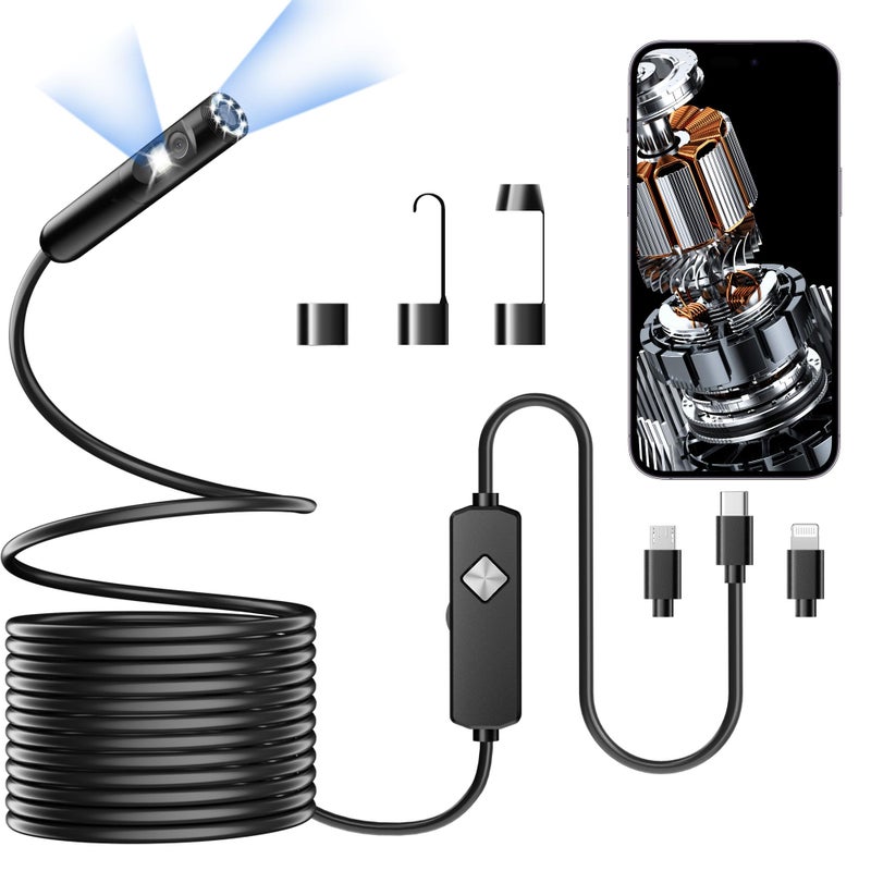 PAPIBLU Endoscope with Light, 1920P HD Borescope with 8 Adjustable LED Lights, 16.4FT Semi-Rigid Snake Camera, IP67 Waterproof Inspection Tool for iPhone & Android - Dual Lens (Black) - Image 1