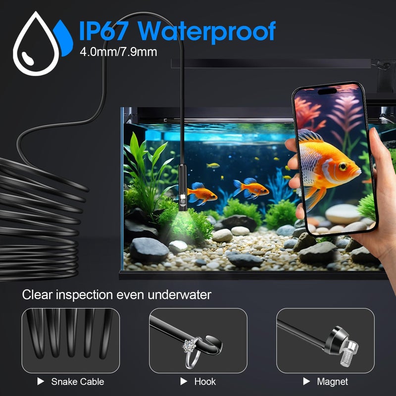 PAPIBLU Endoscope with Light, 1920P HD Borescope with 8 Adjustable LED Lights, 16.4FT Semi-Rigid Snake Camera, IP67 Waterproof Inspection Tool for iPhone & Android - Dual Lens (Black) - Image 4