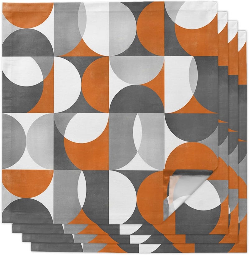IDOWMAT Mid Century Orange Gray White Art Cloth Napkins Set of 4 Washable Napkins Cloth Abstract Geometric Table Dinner Napkins for Kitchen Wedding Parties - Image 1