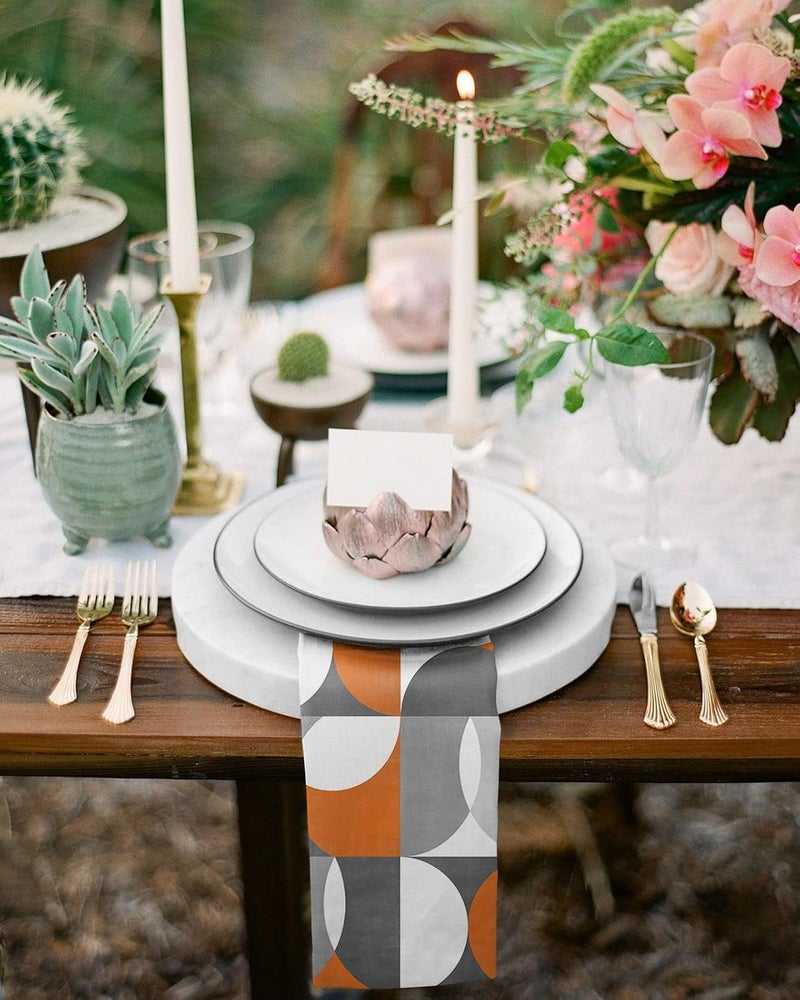 IDOWMAT Mid Century Orange Gray White Art Cloth Napkins Set of 4 Washable Napkins Cloth Abstract Geometric Table Dinner Napkins for Kitchen Wedding Parties - Image 4