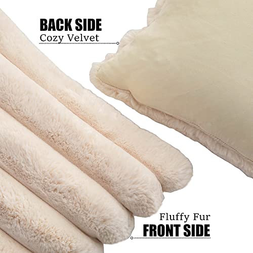 Neelvin Beige Faux Fur Cozy Soft Striped Decorative Throw Pillow Covers 18x18 inch Set of 2,Velvet Pillowcase Cushion Case for Sofa Couch - Image 2