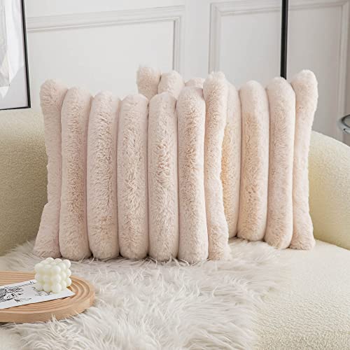 Neelvin Beige Faux Fur Cozy Soft Striped Decorative Throw Pillow Covers 18x18 inch Set of 2,Velvet Pillowcase Cushion Case for Sofa Couch - Image 1