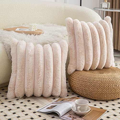 Neelvin Beige Faux Fur Cozy Soft Striped Decorative Throw Pillow Covers 18x18 inch Set of 2,Velvet Pillowcase Cushion Case for Sofa Couch - Image 3
