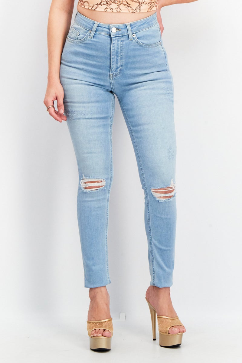 NA-KD Women Skinny Fit Rip Dark Wash Non Stretchable Denim Jeans, Light Blue - Image 1