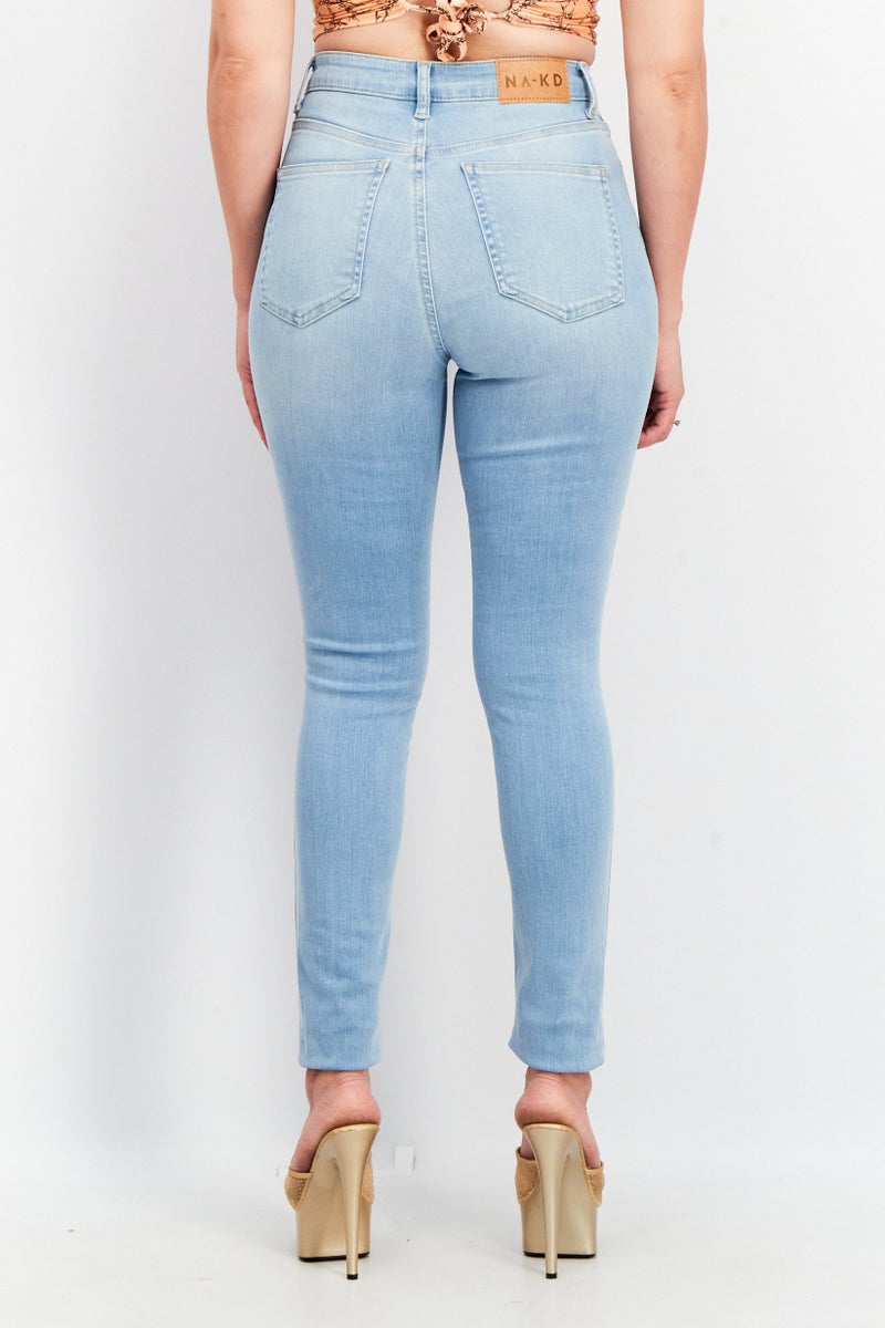 NA-KD Women Skinny Fit Rip Non-Stretchable Jeans, Light Blue - Image 2