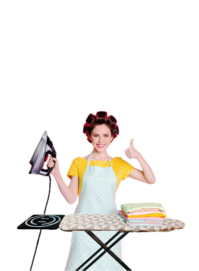 طاولة كي مقاومة للحرارة مع حامل مكواة بخارية، قاعدة قابلة للطي غير قابلة للانزلاق، ارتفاع قابل للتعديل، إطار معدني أسود متين، غطاء بنمط مثلث هندسي حديث باللونين البني والأبيض، تصميم موفر للمساحة، 129x90x33 سم - Image 5