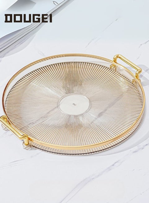 Serving Trays with Handles, Round Tray, Multipurpose Transparent Round Serving Tray with Handles for Bread Fruit Dessert Snack, Fashionable Transparent Jewelry Tray for Party Kitchen Bathroom Display Home Decor(Gold)